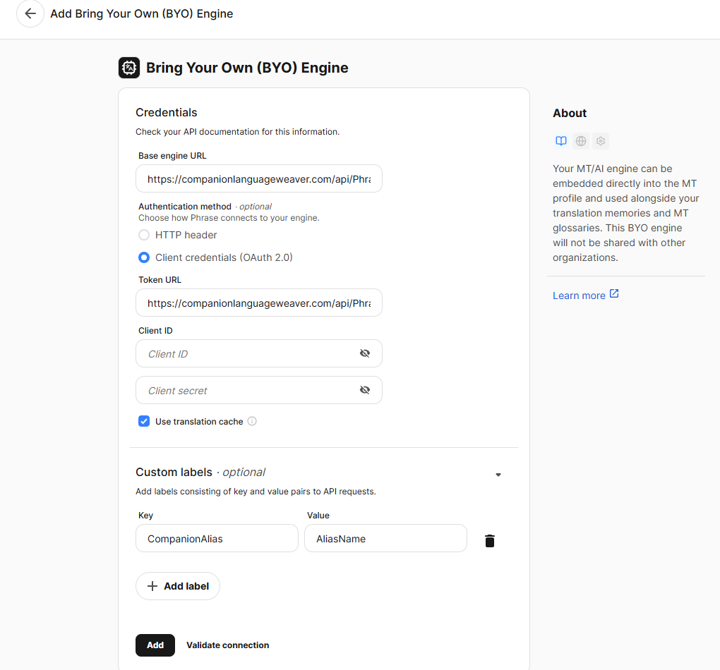 Phrase BYO engine configuration example